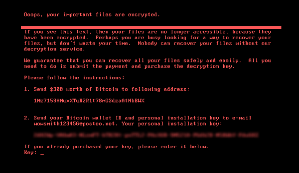 Figure 2. Ransom note displayed on computers infected with the Petya ransomware, demanding $300 in bitcoins