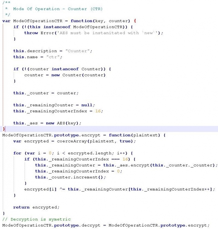 Figure 2. Code sample from the AES library which is used for the decryption process