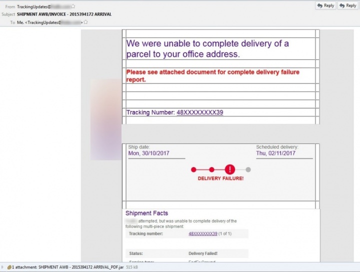 Figure 2. Malicious email appears to come from well-known logistics firm but contains Adwind malware