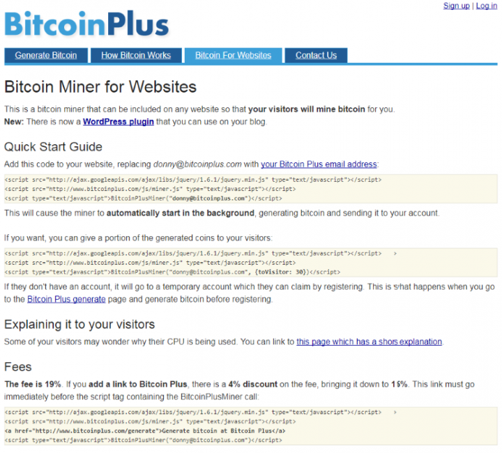 Figure 1. BitcoinPlus.com was a browser-based miner for Bitcoin dating from 2011
