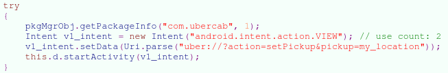 Figure 3. Malware code firing the VIEW intent with the deep link URI for Ride Requests