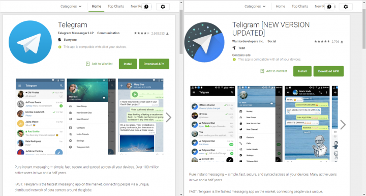 Figure 1. The legitimate Telegram (left) and Teligram (right) app pages on Google Play