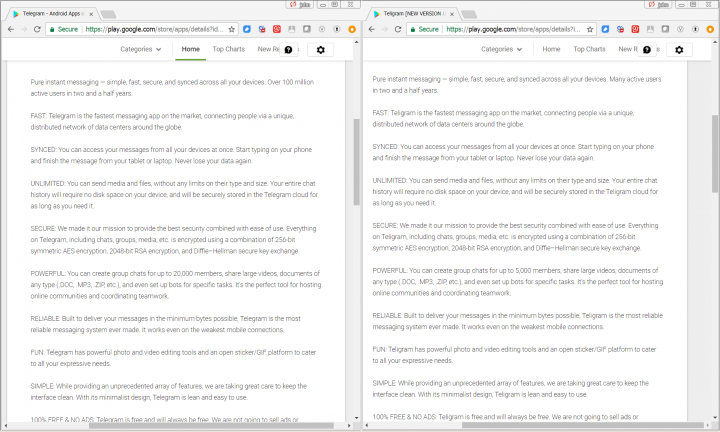 Figure 2. The Telegram (left) and Teligram (right) app descriptions on Google Play are identical