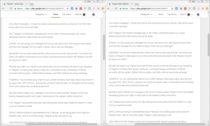 Figure 2. The Telegram (left) and Teligram (right) app descriptions on Google Play are identical 