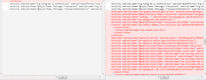 Figure 5. Teligram’s manifest (right) contains ad libraries, Telegram’s (left) does not