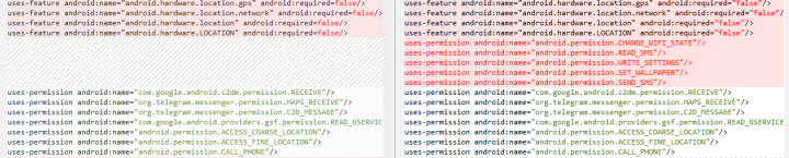 Figure 7. Malware built using Telegram open source code requests more sensitive permissions (right)