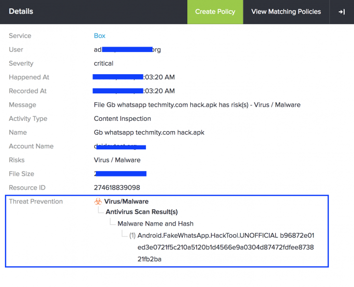 Figure: Fake Whatsapp App Detected by the Cloud