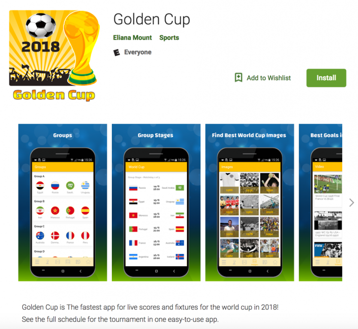 The official “Golden Cup” Facebook page. The short URL redirects to the application page at Google Play.