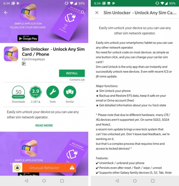 Figure 1. EpicOmegaApps's Sim Unlocker app comes complete with a title and description page, making it seem legitimate