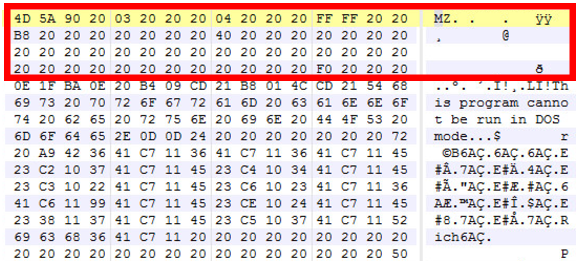 Figure 3. Corrupt MZ file with 0x00 bytes replaced with 0x20 