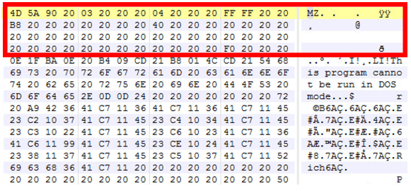 Figure 3. Corrupt MZ file with 0x00 bytes replaced with 0x20