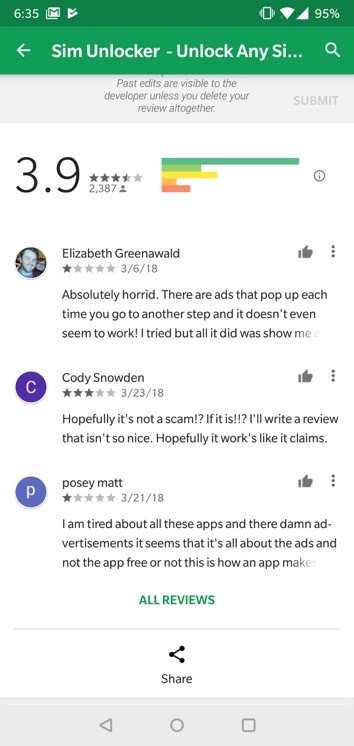 Figure 3. User reviews for the Sim Unlocker app on the Play Store indicate users do not get the promised functionality