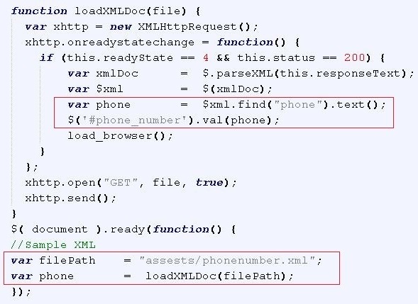 Figure 5. Script used to load XML file that contains the phone number to be displayed on scam web page