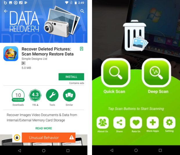 Figure 7. Simple Designs Ltd’s data recovery app as it appears on Google Play, and the seemingly legitimate user interface of the app
