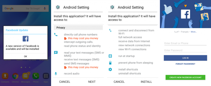 A “Facebook update” turning into “Android Settings” installation