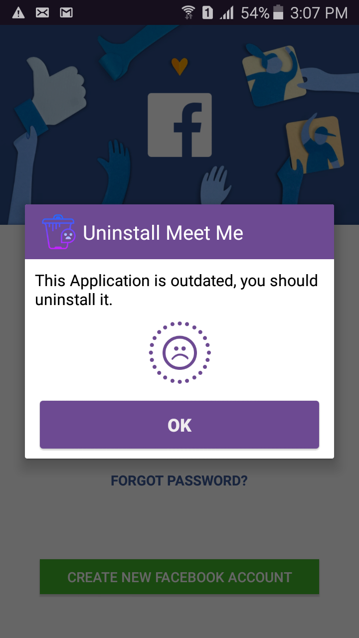 An uninstall message of “Meet Me” mistakenly over “Facebook”