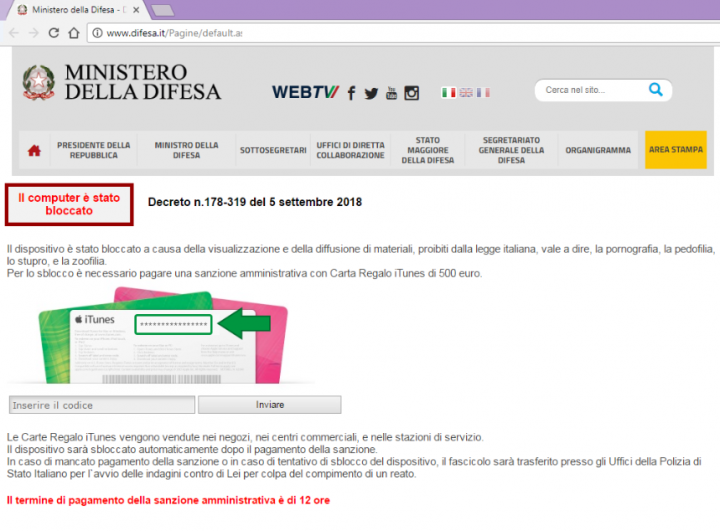 Figure 1. Sample of a malicious website (in Italian) that a user visits, or to which a user is redirected