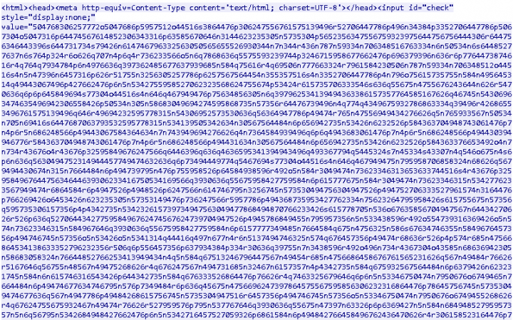 Figure 2. Looking at the source code of the scam reveals a large chunk of obfuscated content