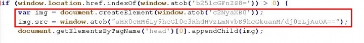 Figure 4. Injected code that forces the browser to load malicious obfuscated JavaScript
