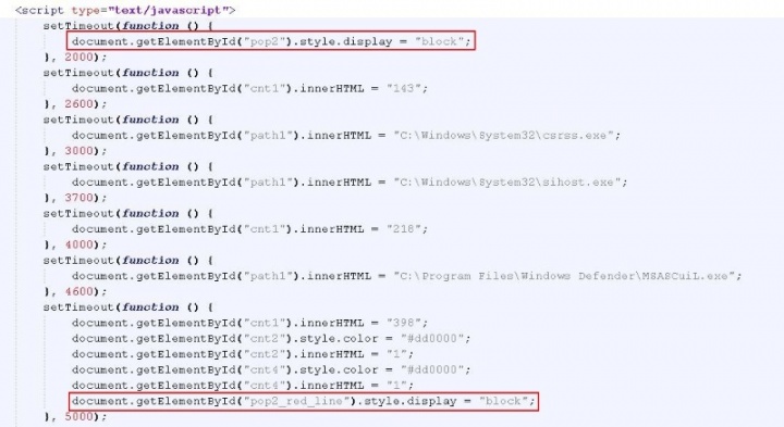 Figure 4. JavaScript code to uncover hidden elements to give the illusion that a scan is in progress