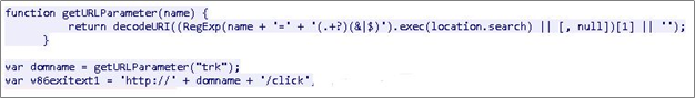 Figure 5. JavaScript which performs click tracking and PUA redirection