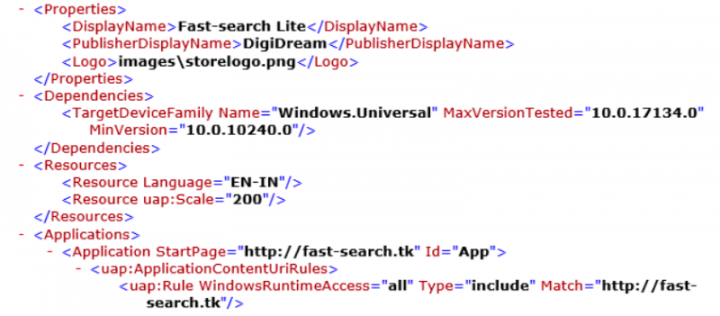Figure 2. "Fast-search.tk"—the domain for the Fast-search Lite app—is hardcoded in the apps' manifest file