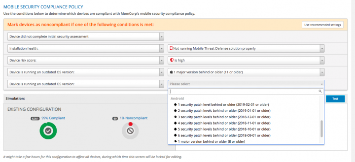 Admins can choose how tolerant they want to be to outdated OS versions/patch levels by selecting from a list of OS upgrade definitions that adjust as new updates are released.