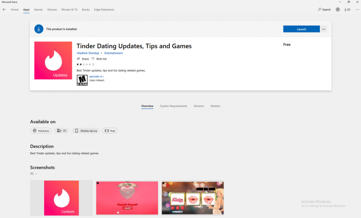 Figure 2. Tinder Dating Updates, Tips and Games store page