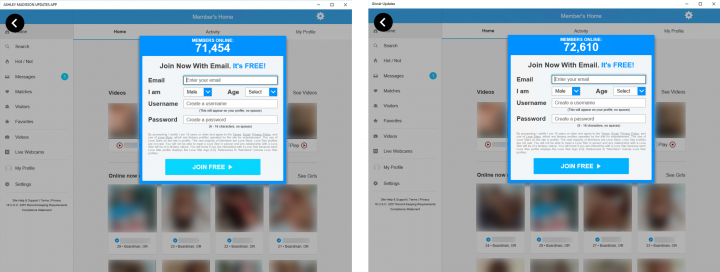 Figure 3. Screenshots of ASHLEY MADISSON DATING UPDATES and Grindr Updates at start time