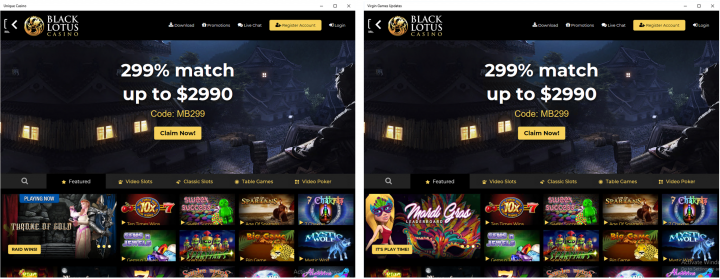 Figure 4. Screenshots of Unique Casino and Virgin Games Updates at start time