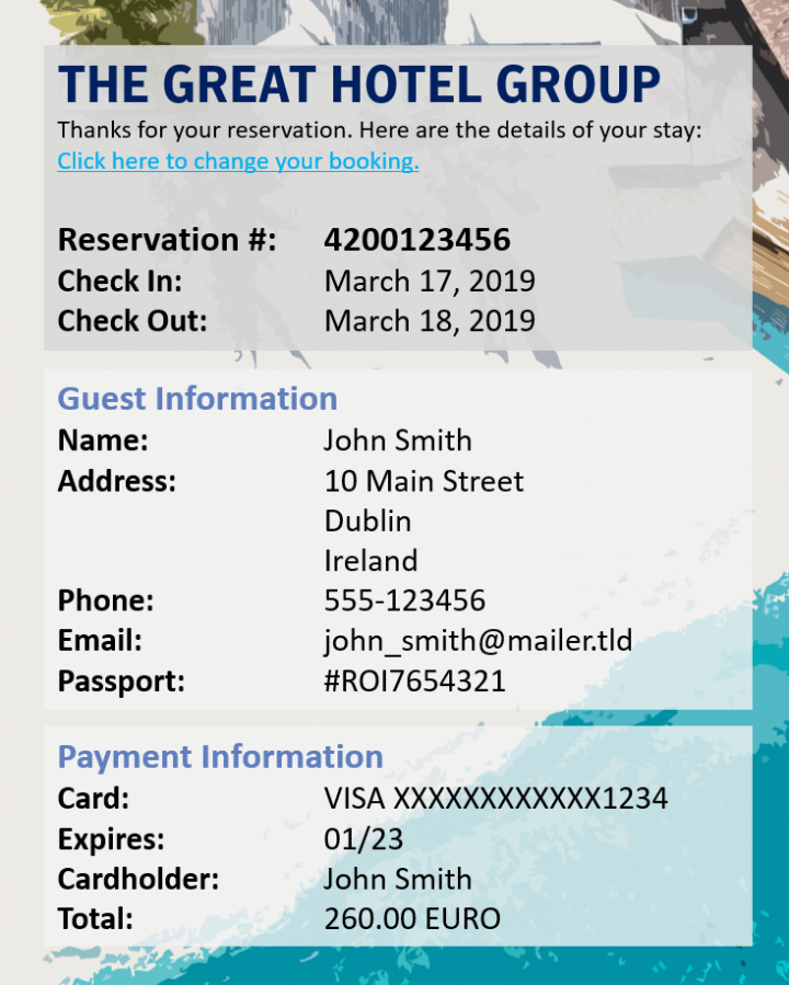 Figure 1. Sample reservation confirmation showing the types of guest’s booking data that could be leaked