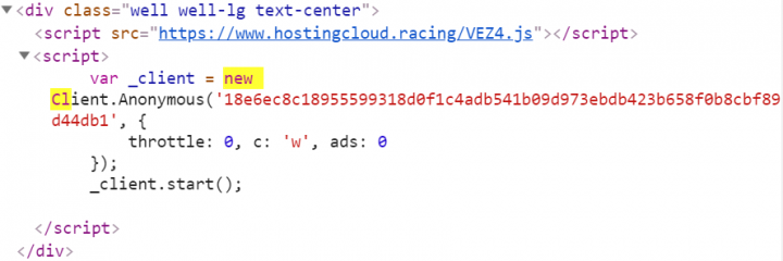 Figure 10. Coin-mining JavaScript shown in website’s source code