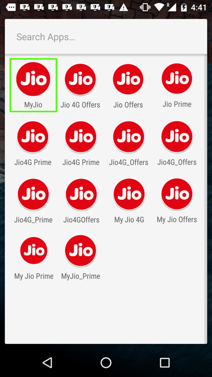 Figure 1. Selection of fake Jio app icons compared to the legitimate MyJio app icon (outlined in green)