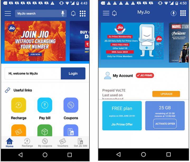 Figure 2. Left: Main screen of legitimate MyJio app. Right: Main screen of fake Jio app. Both apps share similar UI design and structure.