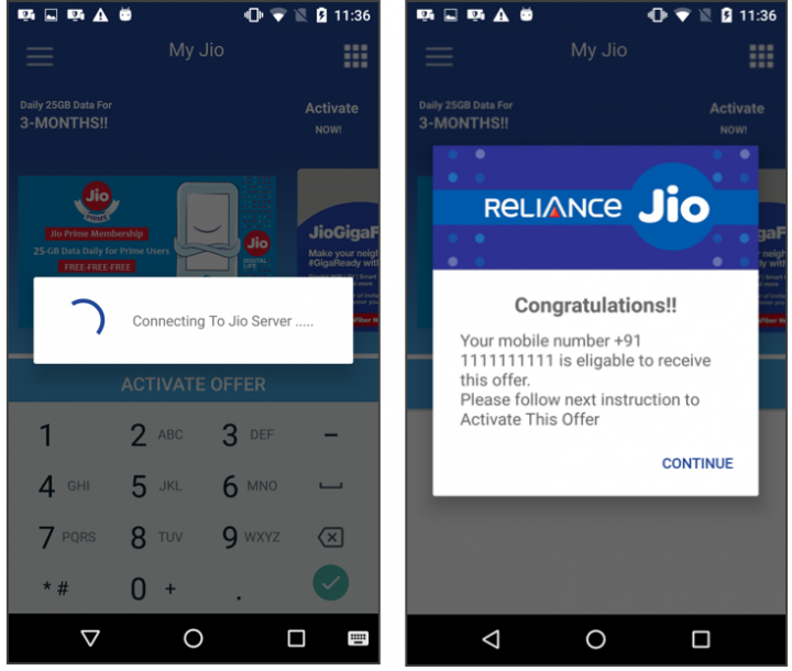 Figure 3. Fake Jio app showing dummy loading spinner (left) followed by a congratulatory message (right) asking victim to proceed to "Activate This Offer"