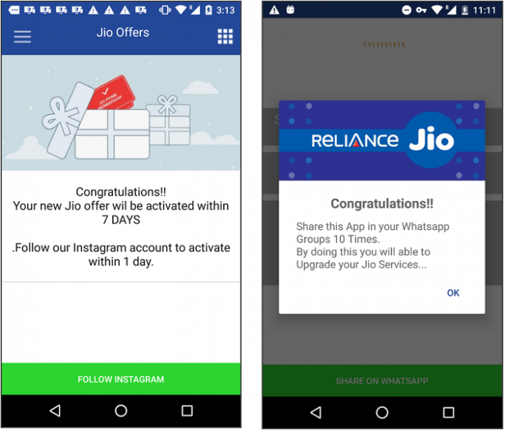 Figure 5. Fake Jio app requesting victim to follow Instagram account (left), or to share the app via WhatsApp (right)