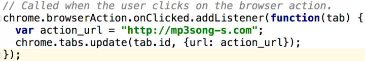 Figure 8. Mp3 Songs Download extension source code redirects users to another website