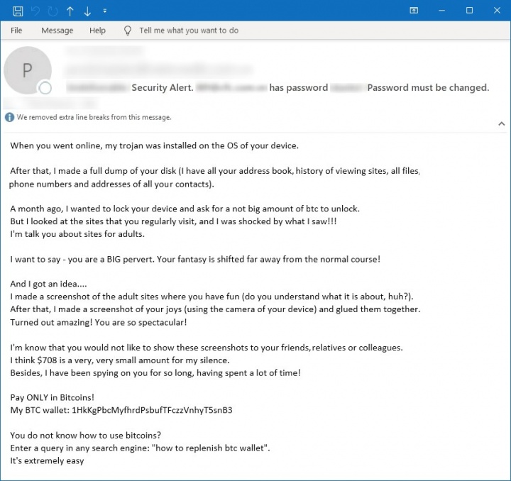 Figure 2. Example of a typical "sextortion" email, with Bitcoin wallet address in body