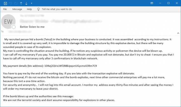 Figure 3. Example of a "bomb scare" email