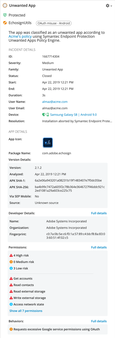 Example from enterprise device running SEP Mobile. An app on the device was detected to be requesting excessive service permissions using OAuth.