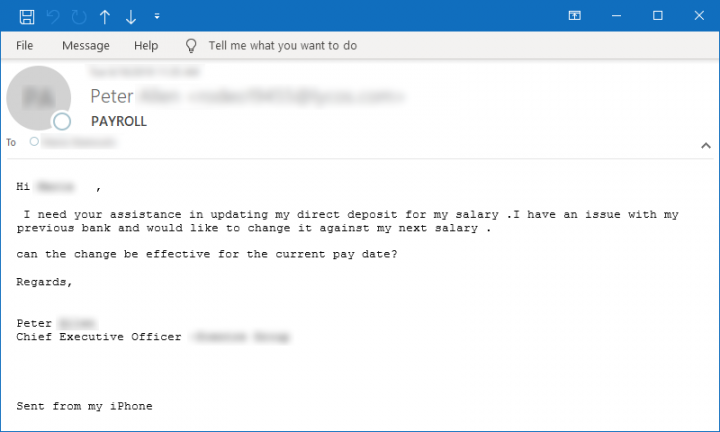 Figure 10. Sample email requesting assistance on a payroll/salary issue