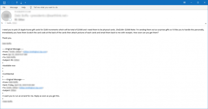 Figure 5. Sample email requesting victim to buy physical Apple iTunes gift cards