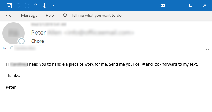 Figure 6. Sample email asking for victims number to which to text payment instructions