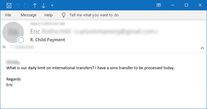 Figure 8. Sample email asking about international transfers