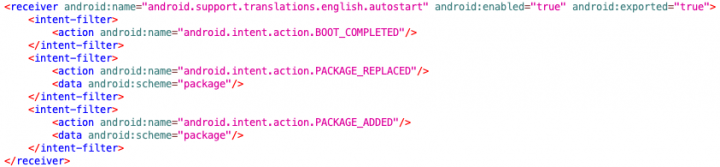 Figure 2. The manifest file showing the broadcast receiver implemented by the Autostart class will react to three events on the device