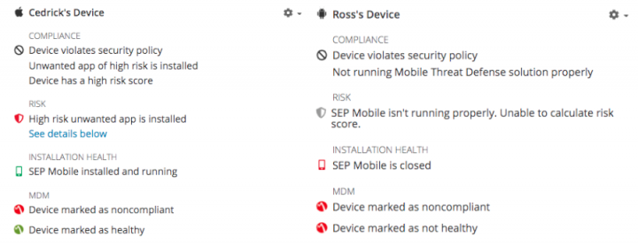 Examples from two separate devices showing different health statuses.